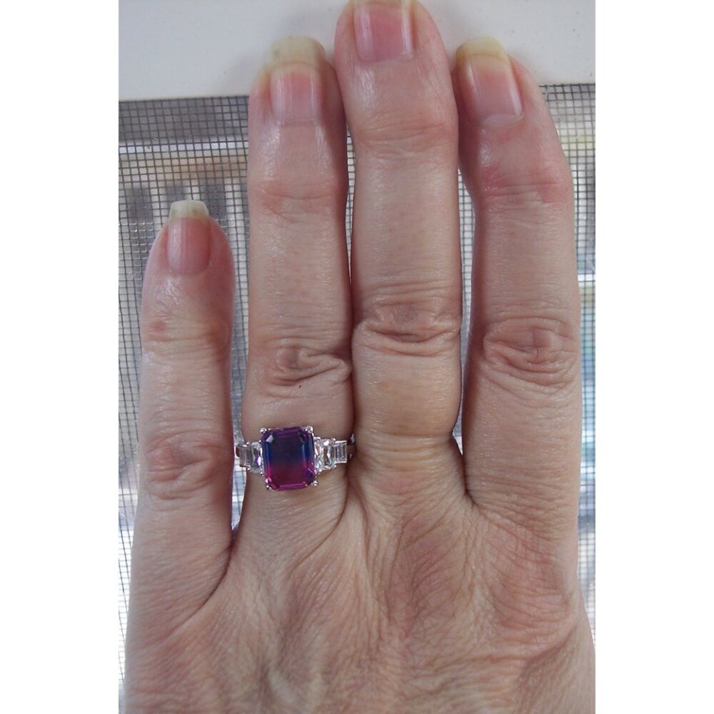 925 STERLING SILVER Bicolor Cubic Zirconia & Baguette Ring Blue & Pink - Picture 13 of 16